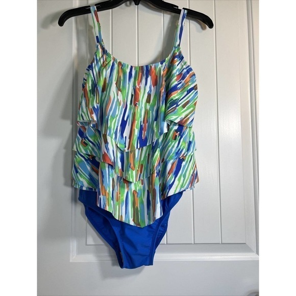 Ceeb Size 10 Women's 3 Tiered Ruffle Tankini Top One Piece Swimsuit- Multi Color - Picture 4 of 12